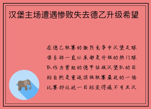 汉堡主场遭遇惨败失去德乙升级希望